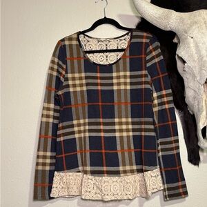 Entro Plaid Long Sleeve Top with Lace Hem